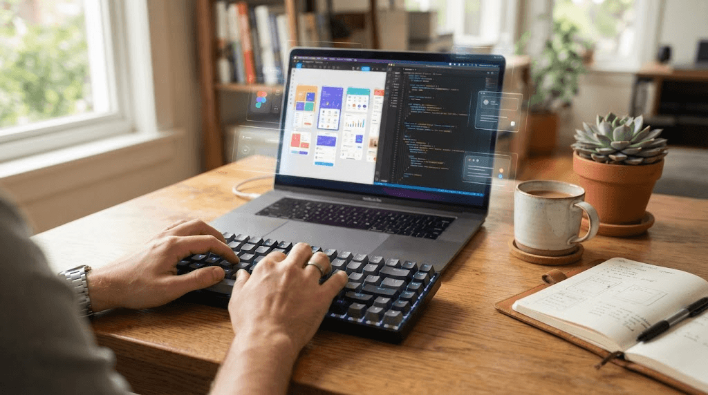 Product screens, code repository and API architecture visual for custom software development