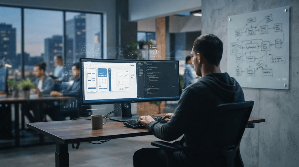 Product screens, code repository and API architecture visual for custom software development